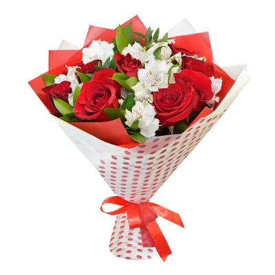 Букет из красных роз и белоснежных альстромерий – гармония страсти и нежности Апатиты Мурманская область