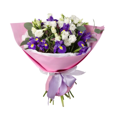 Букет «Подарок» – элегантная композиция из ирисов, эустом и эвкалипта Апатиты Мурманская область